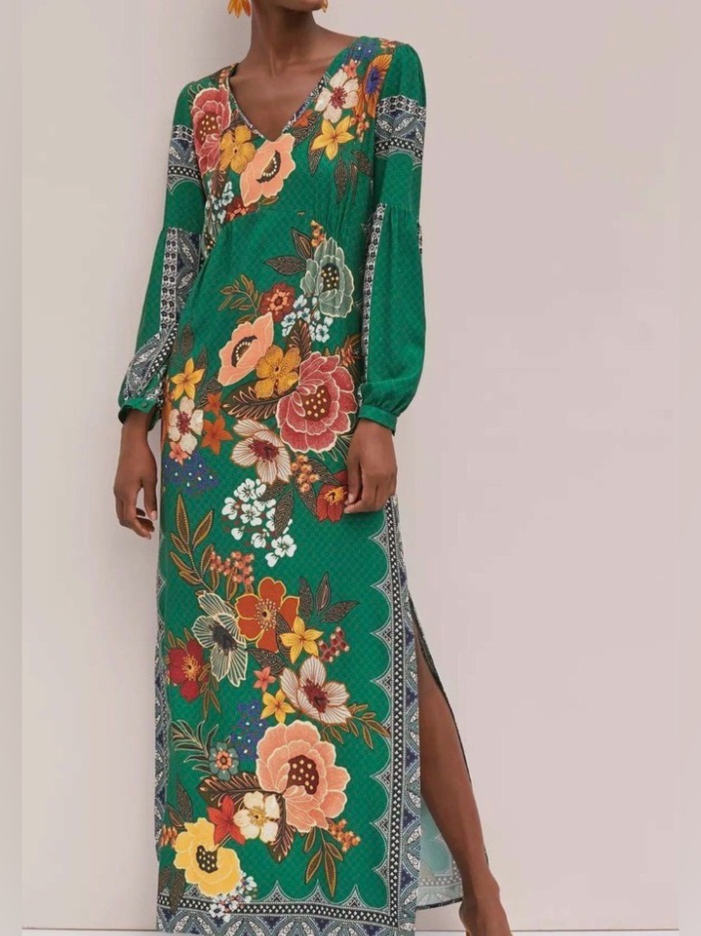 FARM Rio Green Floral V-Neck Long Sleeve Maxi Dress